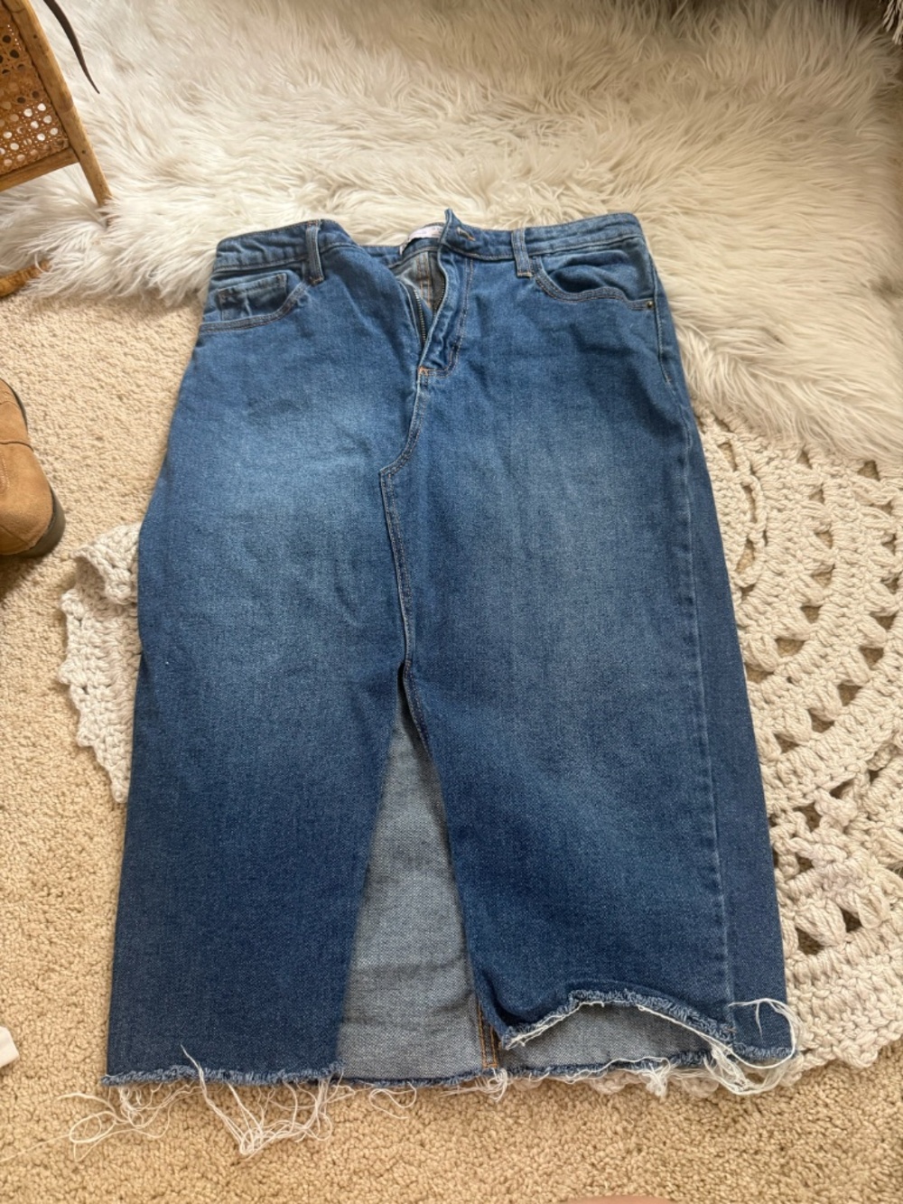 SO Denim Pencil Midi Skirt Size 13 Raw Hem Front Slit